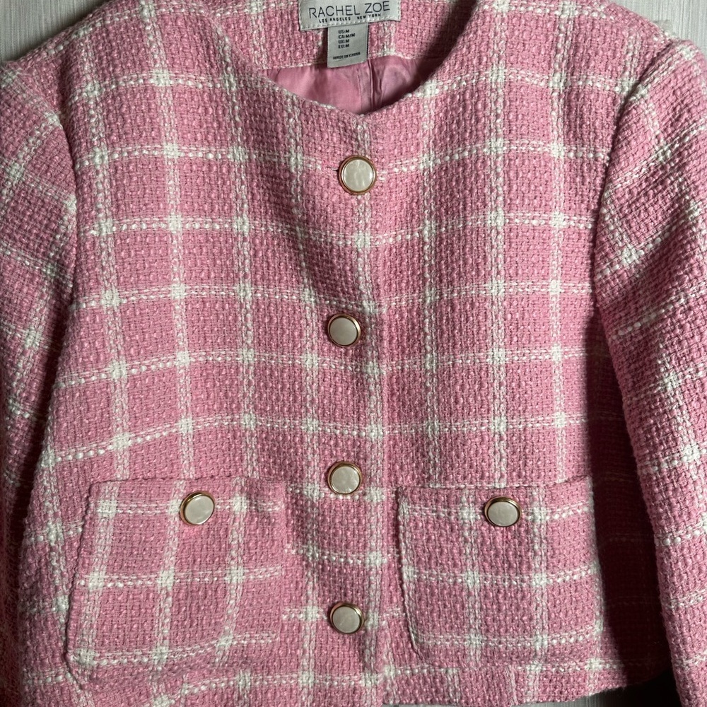 Rachel Zoe Women’s Pink and White Plaid Tweed Button-Down Blazer Jacket Size M - Picture 3 of 9